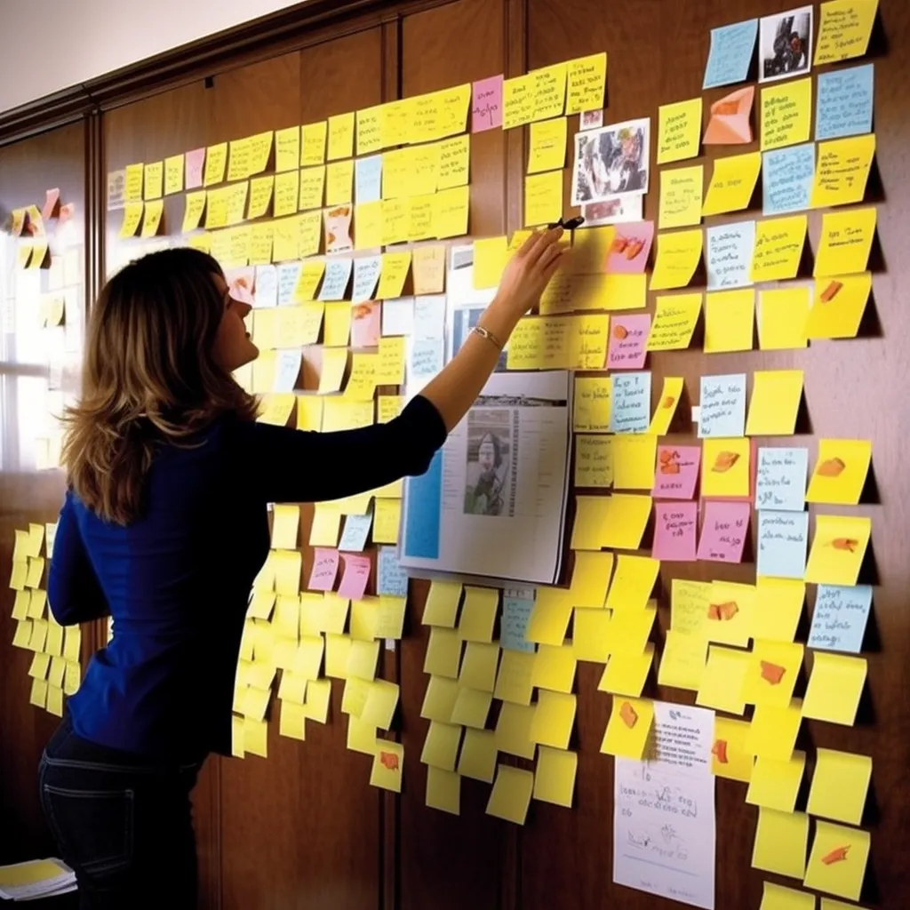 Photo of a woman putting lots of sticky notes on a wall