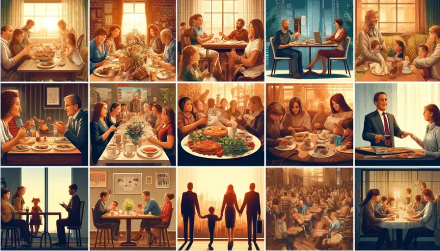  a collage depicting various social gatherings, ranging from family dinners to professional meetings.