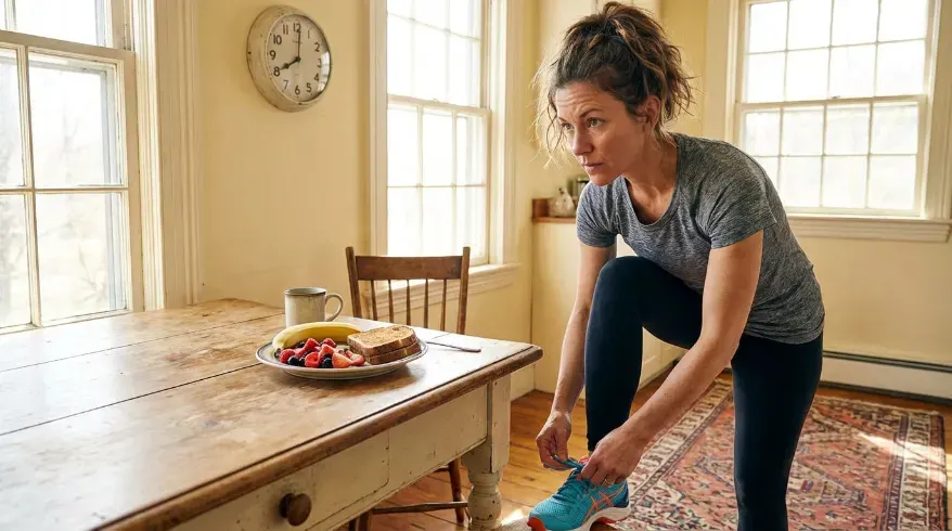 A bright kitchen setting with natural morning light, a simple breakfast plate on a table, and a wall clock showing 8:00 a.m.; a woman lacing up athletic shoes ready for her upcoming workout.