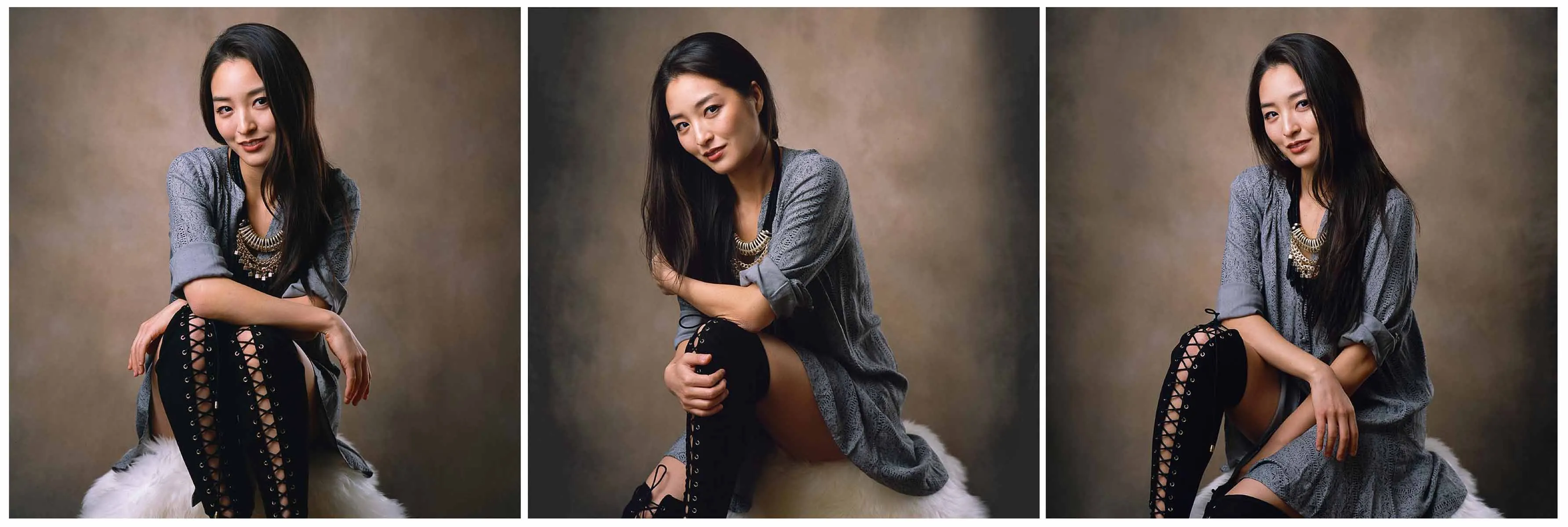 Acting headshots collage of Asian woman with laced up high boots and relaxed styling