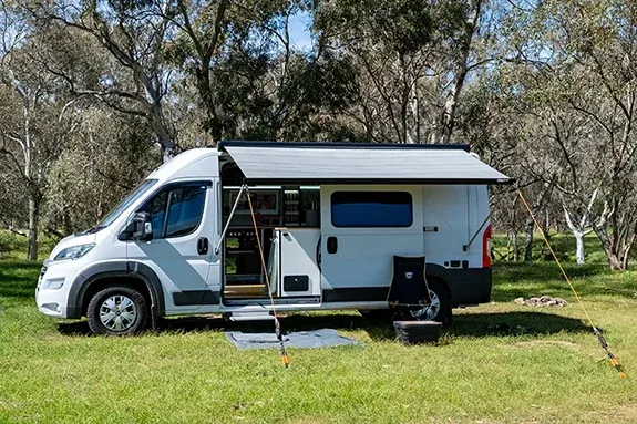 Fiamma 350s awning on self-built campervan set up for off-grid travel in Australia