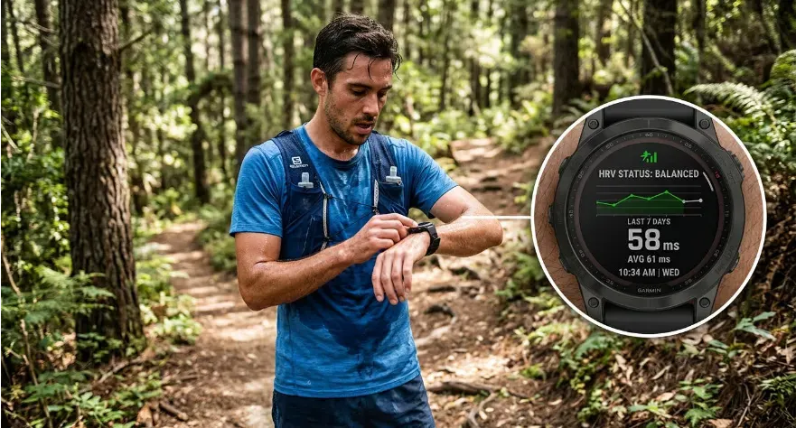 Person on a forest trail looking sweaty. He is looking at his fitness watch. There is a call out image of his HRV data on smartwatch or fitness tracker