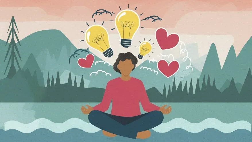 A digital illustration of a person meditating with visual representations of thoughts and emotions around them, symbolizing self-discovery.