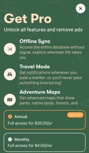 Pro version of Explore Here app has benefits including offline use and travel mode