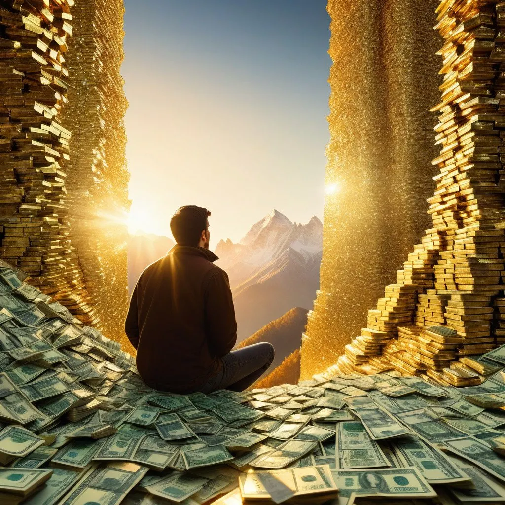 Person gazing at a mountainous landscape made entirely of money, Majestic mountains made of towering stacks of cash, Person is in awe, looking up at the currency mountains, Golden light bathes the scene, casting warm glow, Highly detailed, with sharp focus, Realistic with a touch of fantasy