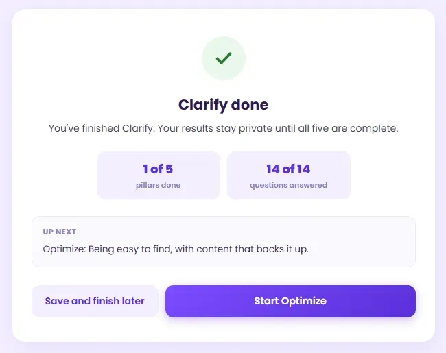 The Clarify done screen, showing 1 of 5 pillars complete and Optimize up next