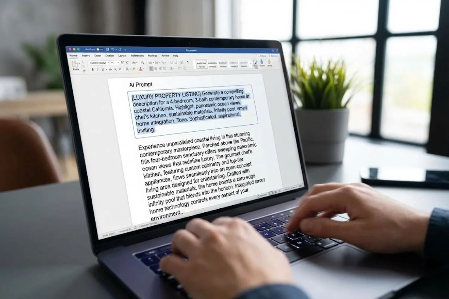 Laptop screen displaying a structured AI prompt generating a real estate listing.