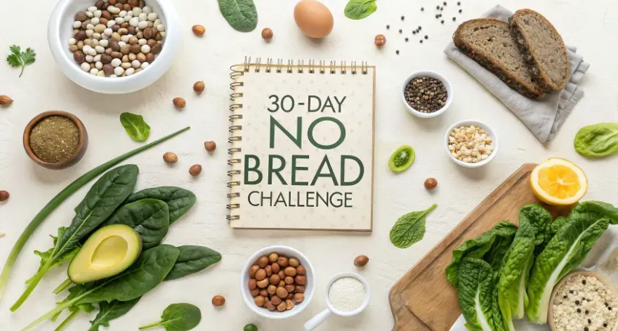 Calendar with '30-Day No Bread Challenge' marked, surrounded by healthy food items like leafy greens, eggs, and legumes—motivational flat lay