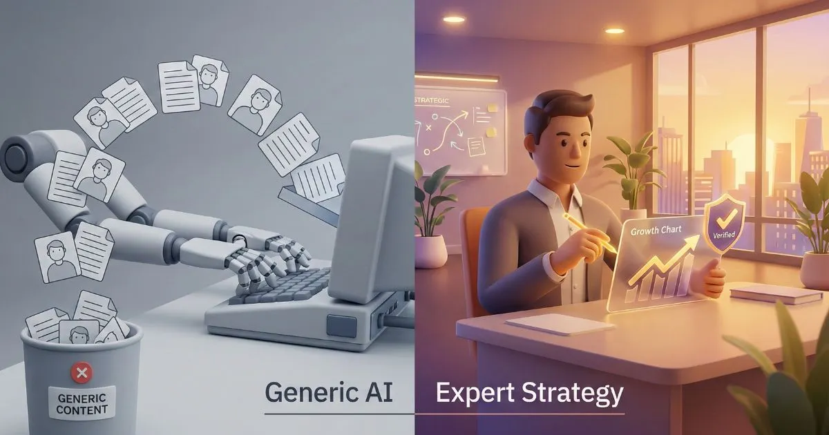 Split screen showing a robotic hand creating generic content versus a business owner creating strategic expert content.