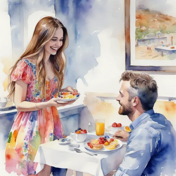 lady eating breakfast with husband smiling