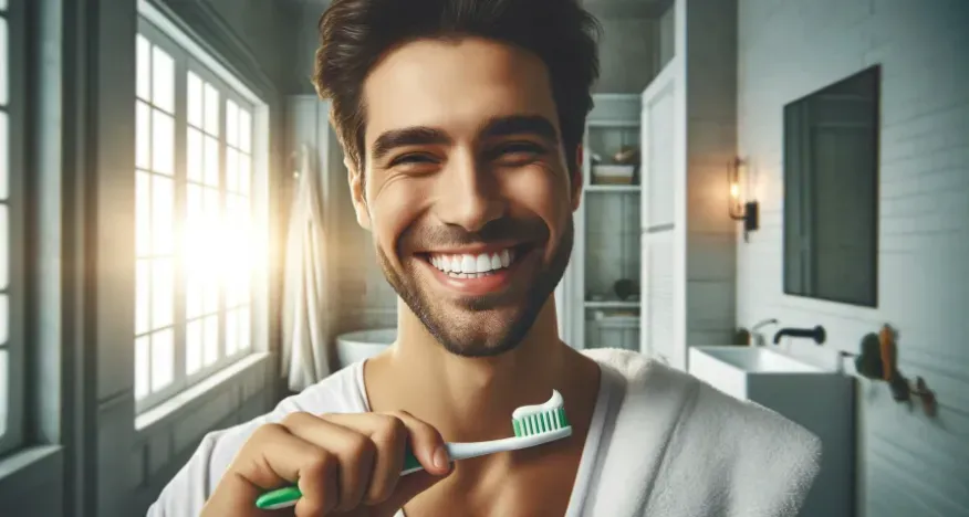  a satisfied person smiling, holding a toothbrush with toothpaste applied in a bright, modern bathroom. 