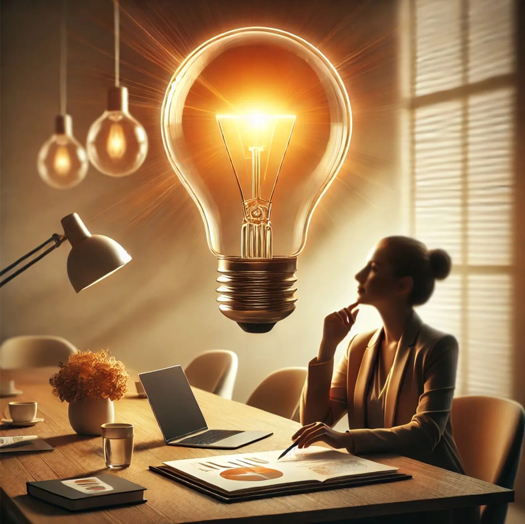 A light bulb glowing over a business meeting table, representing innovation and creativity that emerge when you let go of control in business.