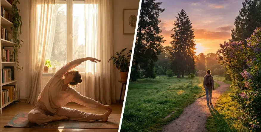 split image. one side: Calm morning routine showing sunlight, stretching, and contemplation. the other side: Person walking outdoors at sunrise, relaxed posture.