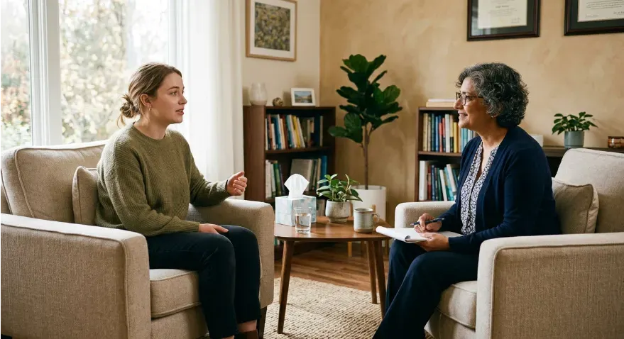 person speaking with a therapist in a calm counseling environment