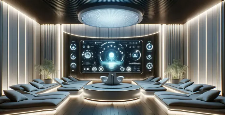 A futuristic tech-enhanced meditation room with ambient lighting and interactive digital displays for stress management.