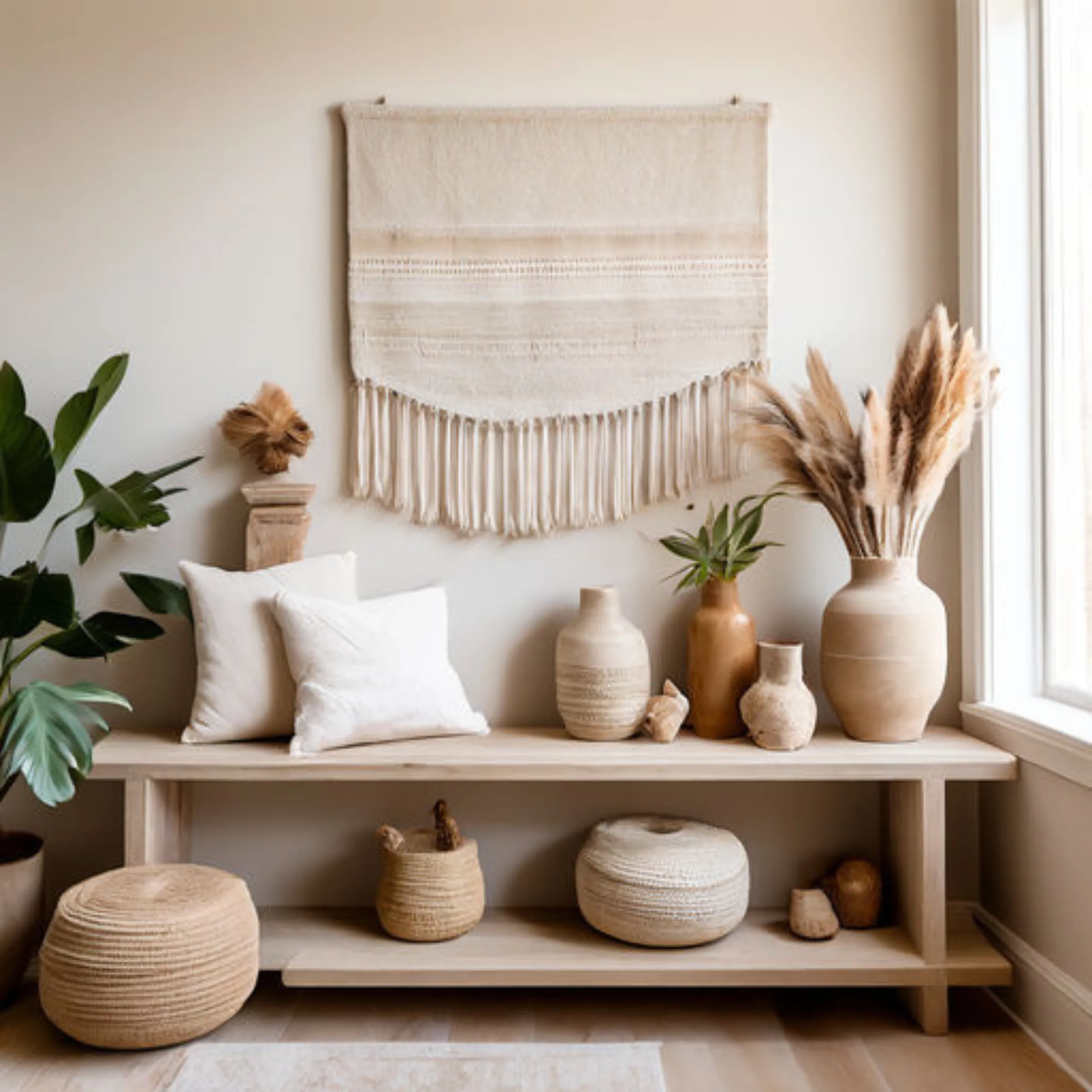 Boho bench with bohemian decor in neutral tones