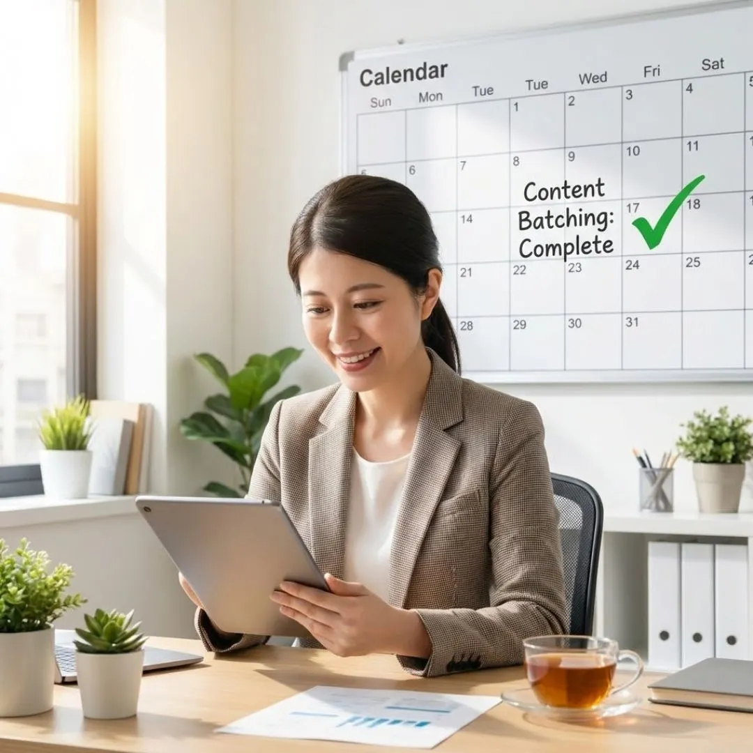 Confident therapist reviewing successful marketing results on tablet.