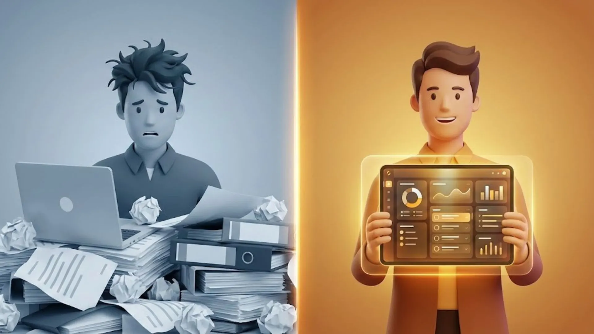 Comparison of a stressed manual writer versus a relaxed strategist using AI prompting.