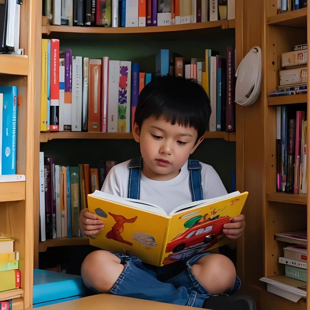 a boy reading a book in library