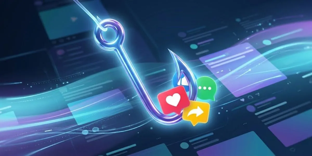 A graphic of a hook catching social media engagement icons, symbolizing the use of AI prompts for viral posts.