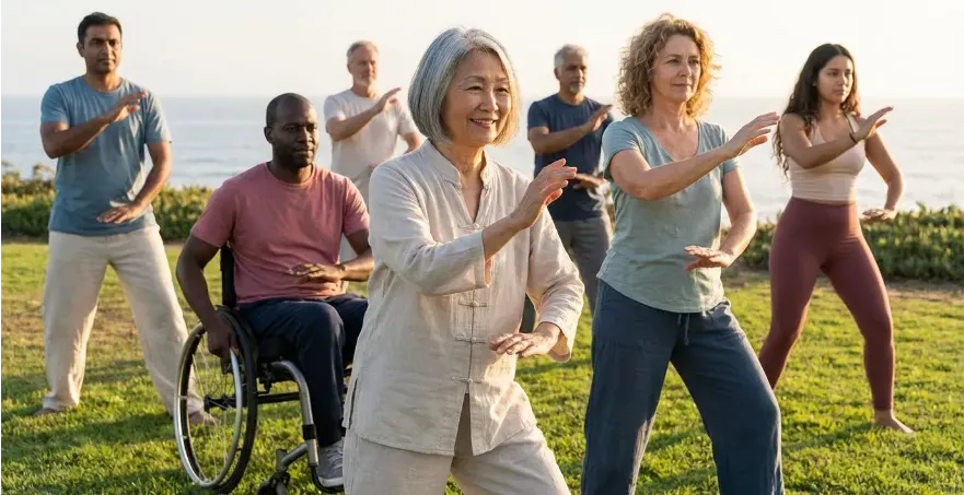 A diverse middle-aged group taking part in Low-impact fitness activity