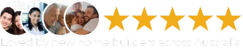 A graphic showing five gold stars and circular profile pictures of diverse individuals, accompanied by the text 'Loved by new home builders across Australia', indicating positive sentiment.