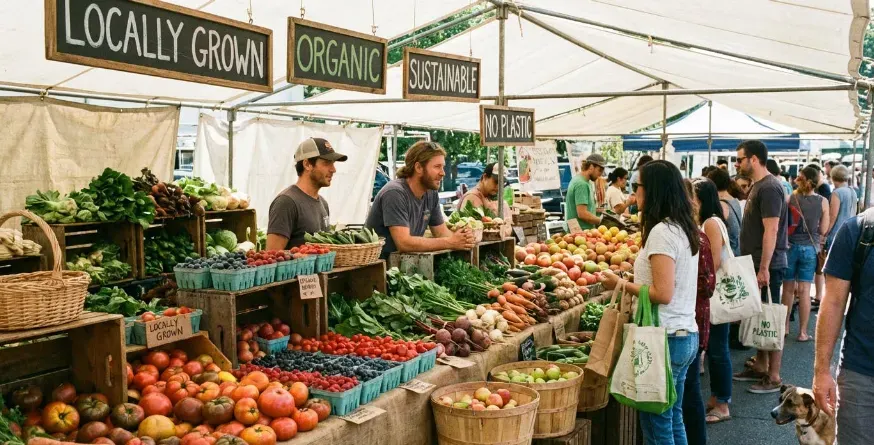 Fresh seasonal fruits and vegetables displayed at a farmers market representing sustainable food choices.