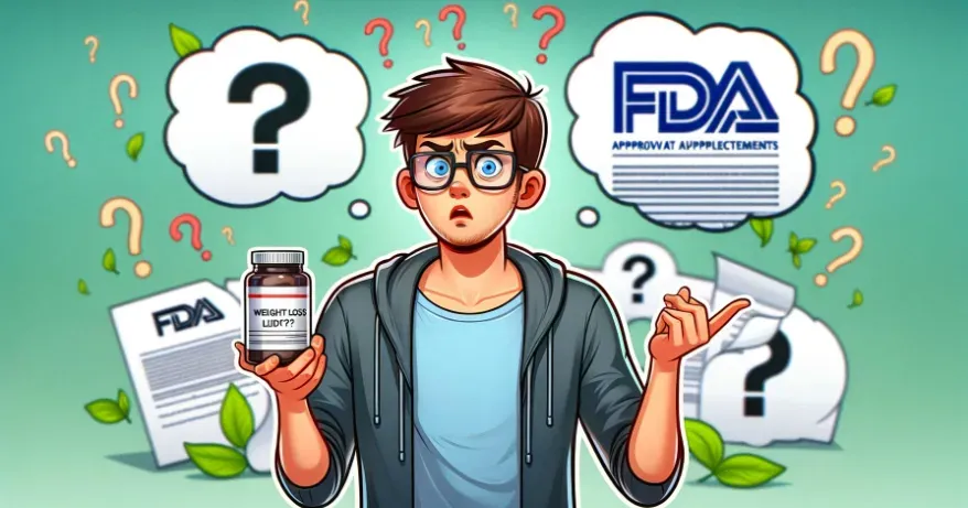 a confused-looking person holding a bottle of weight loss supplements, with a background showing a blurred image of FDA approval documents.