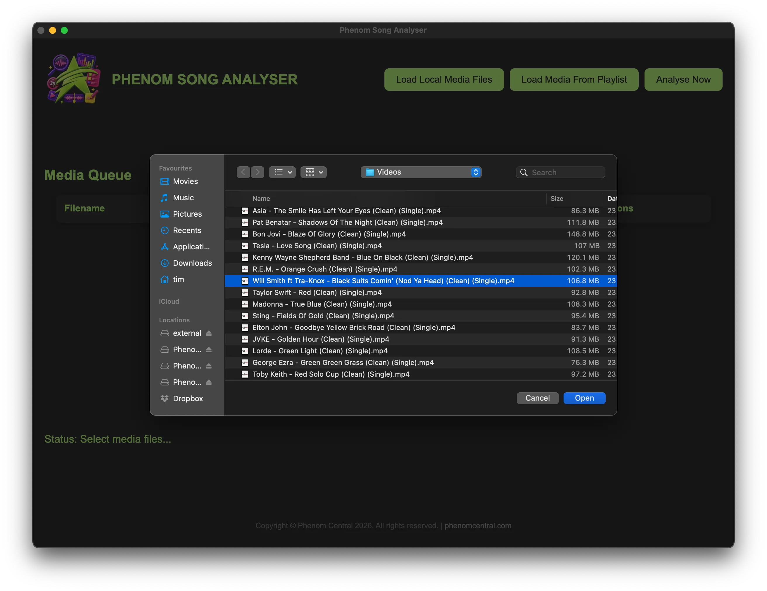 select from. local files or connect to a phenom bingo playlist