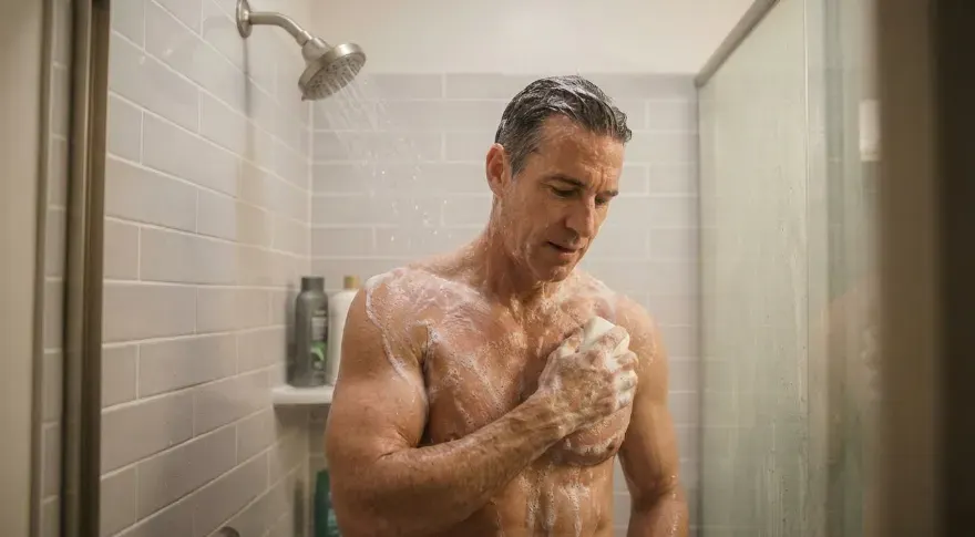 A man showering after exercise to remove sweat and maintain hygiene.