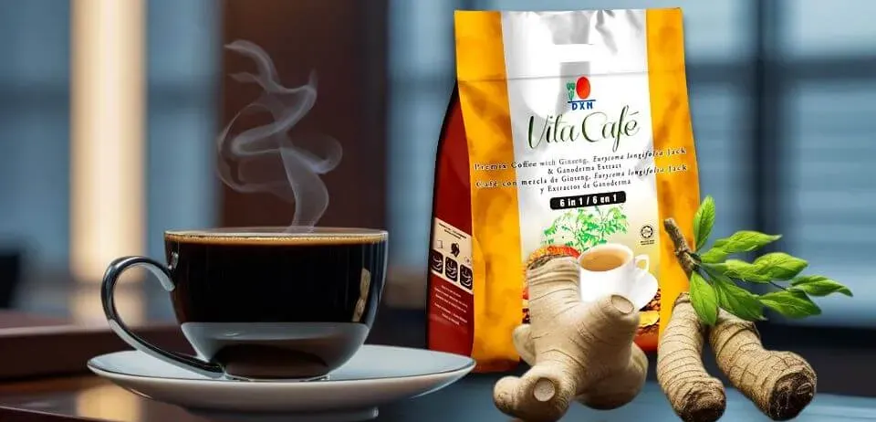 Taza de Vita Cafe 6 en 1 de DXN, una bebida premium con Ganoderma, Ginseng y Tongkat Ali, diseñada para la energía y la vitalidad.