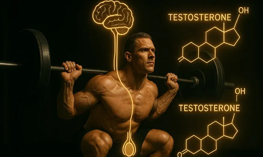 A man performing heavy squats with hormonal pathways illustrated to show testosterone activation.
