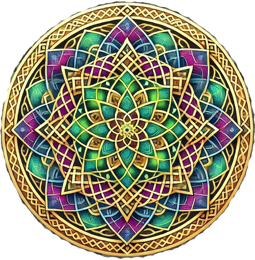 Vibrant sacred geometry mandala in purples, greens, blues, and golds with a metallic sheen and golden circular frame on a transparent background.