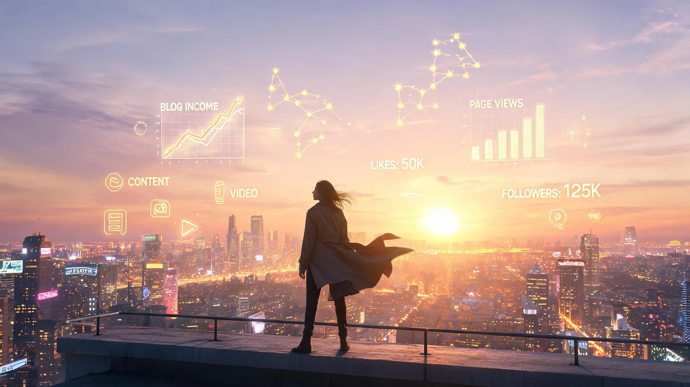 Successful blogger standing over glowing digital cityscape representing blogging income, freedom, analytics growth, and long-term online success