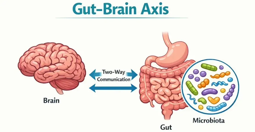  medical infographic of the gut–brain axis showing a human brain on the left and the digestive tract on the right