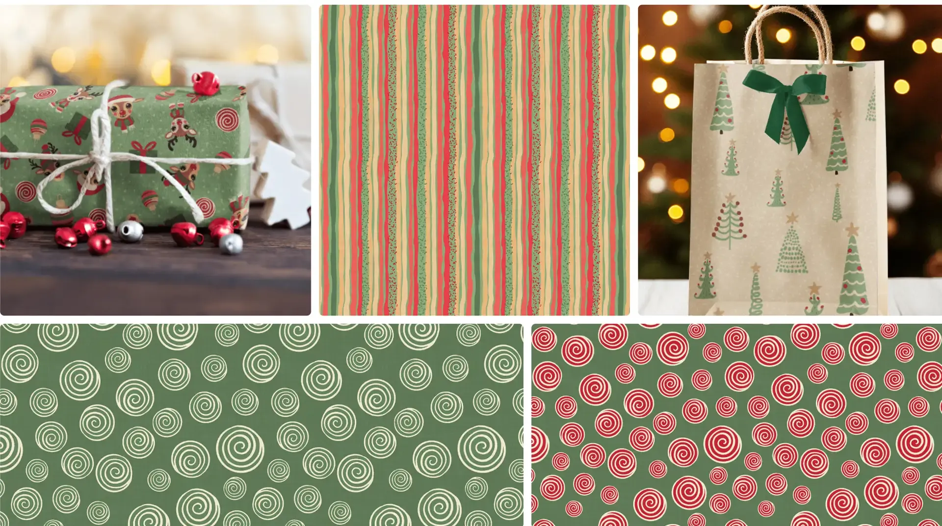 Reindeer Frolic collection board featuring playful Christmas repeat patterns with cute reindeer, decorated trees, peppermint swirls, stripes, speckled blender prints, and starburst coordinates in vintage red, sage green, cream, and gold, with the collection logo and stacked holiday mug mockup.