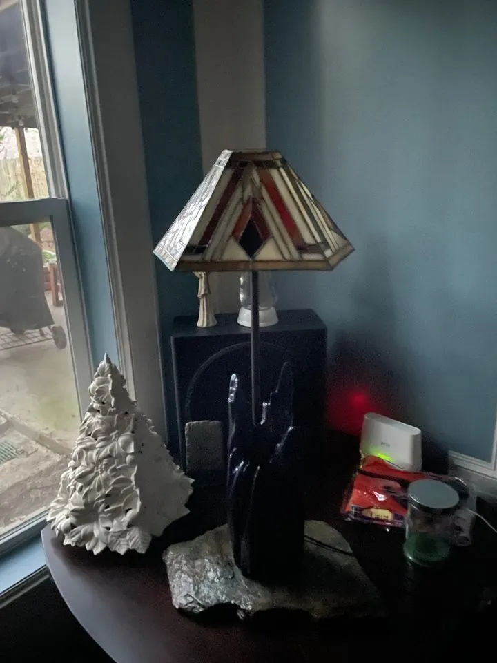 Stained glass wooden lamp with rock base