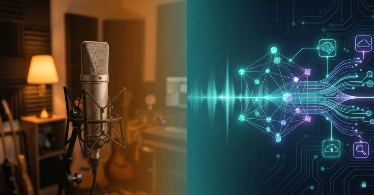 A microphone merging with digital sound waves representing podcast evolution.