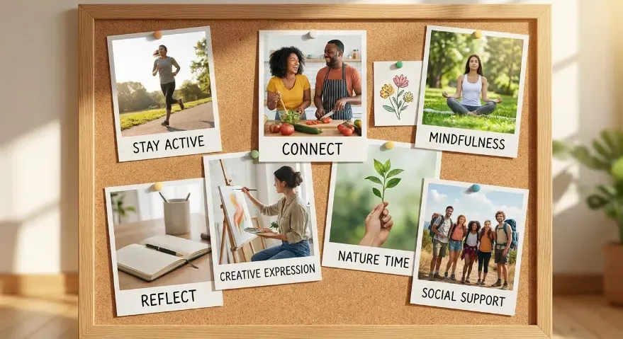 a collage of images showing mental health prevention techniques.