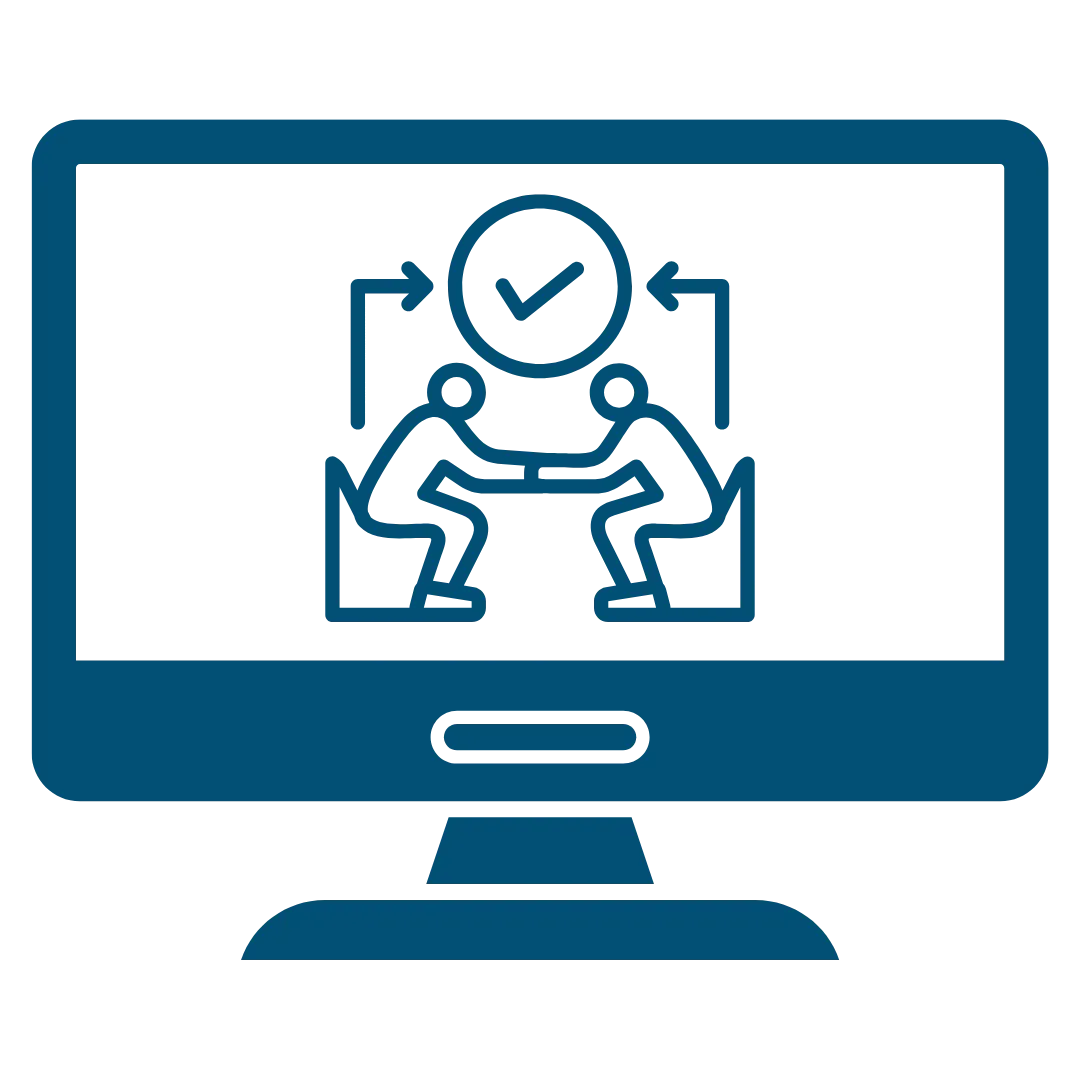 Icon of a monitor displaying two people negotiating across a table with a checkmark and arrows, symbolizing agreement and collaboration.