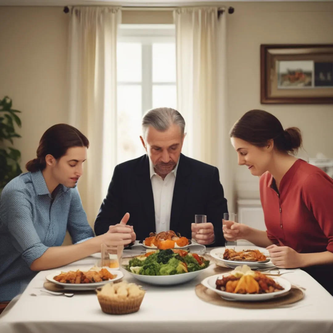 Image of family praying before dinner exhibiting what we all as humans should be doing before we break bread.