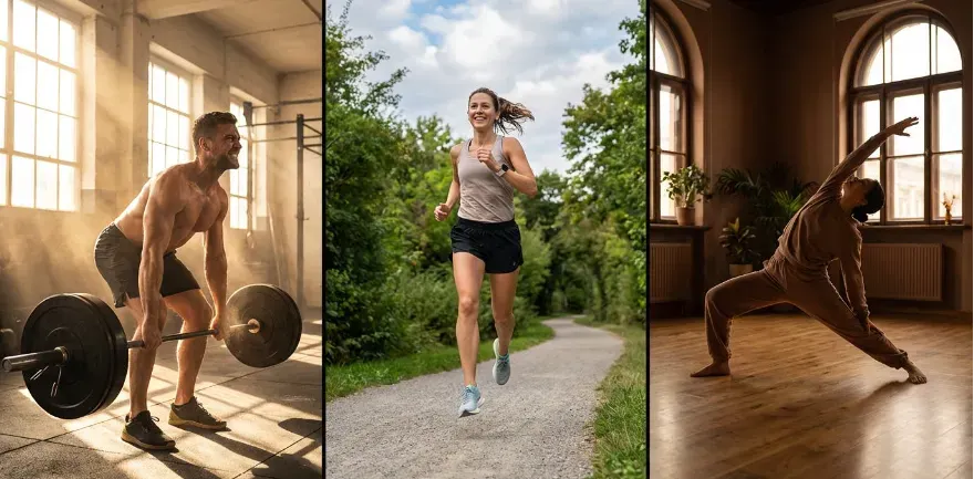 3 Split image showing strength training, running, and mobility work.