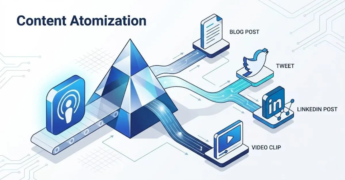 Isometric illustration showing a podcast episode being repurposed into multiple content formats.