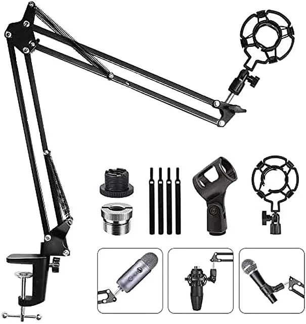 Adjustable Microphone Suspension Boom Scissor Arm Stand with Shock Mount Mic Clip Holder