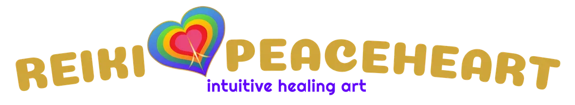 Reiki Peacheart Intuitive Healing Art logo has a gold and purple font with rainbow heart and peace sign in the center
