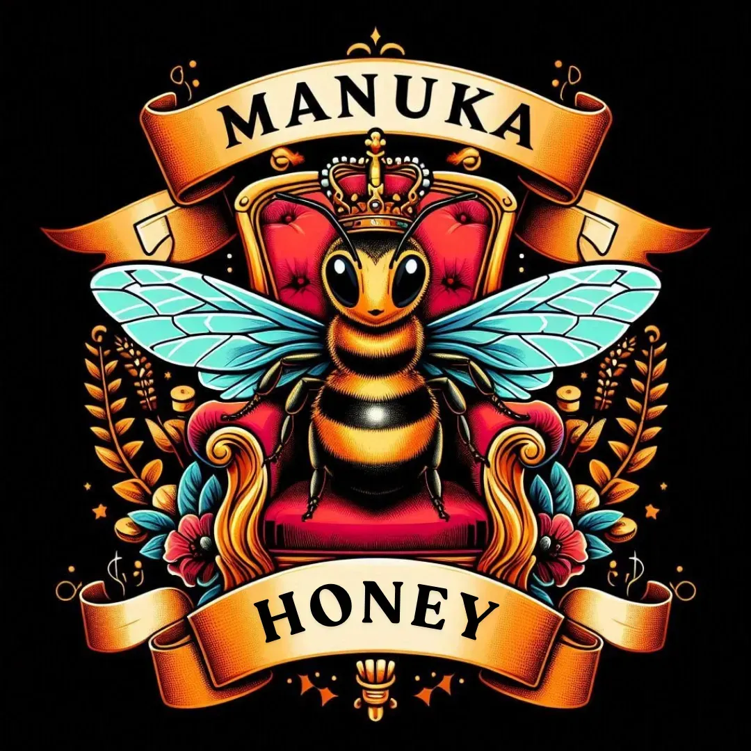 A regal illustration of a bee with blue-tinted wings sitting on a luxurious red throne, wearing a golden crown. Surrounding the bee are ornate golden banners with the words 'MANUKA HONEY' written in bold letters. The design is richly detailed with floral and decorative elements, symbolizing the premium and royal nature of Manuka honey.