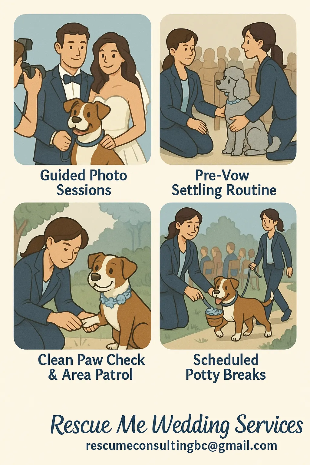 Professional dog wedding care including guided photos, calming routines, clean paw checks, potty breaks, and pet supervision for Kamloops weddings.