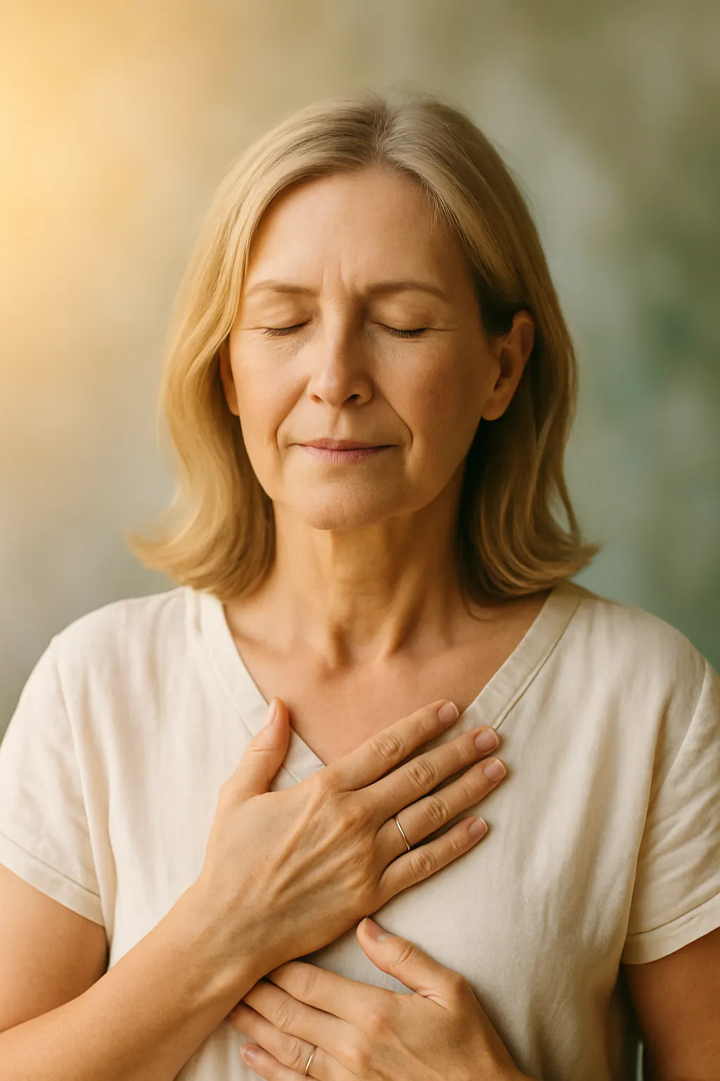Lady peaceful with right palm over her heart