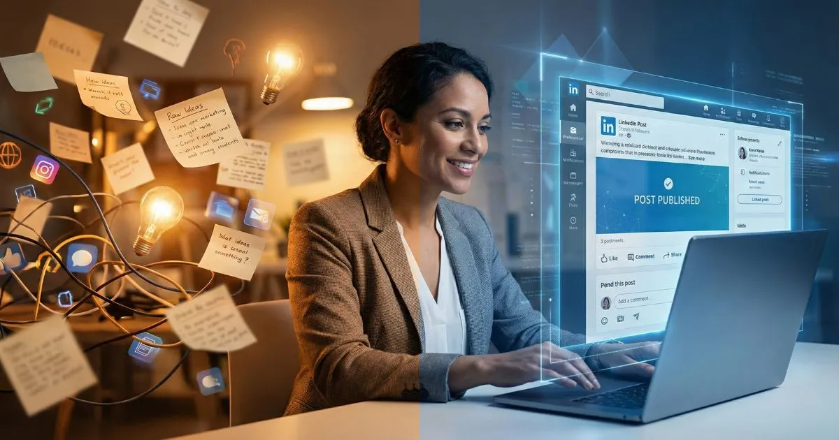 A professional using AI to organize raw ideas into a structured LinkedIn post on a laptop.