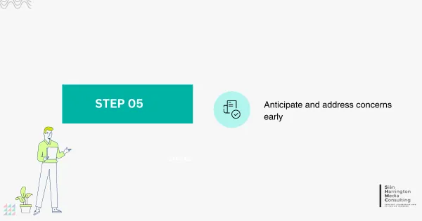 Step 05 (blue) on a six-step staircase diagram illustrating how HR vendors can increase sales by effectively engaging stakeholders. This step includes a brief description designed to guide HR vendors through the process of addressing concerns and a corresponding icon